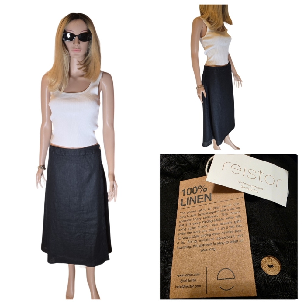 reistor Black Linen A-Line Midi Skirt